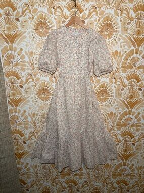 Calista Floral Puff-Sleeve Midi Dress in Cream & Pink 100% Cotton Size M